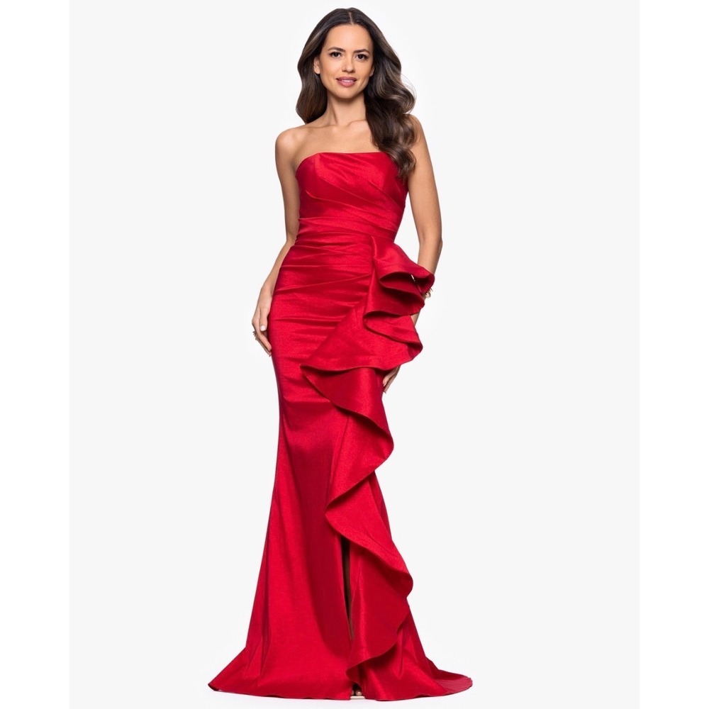 Betsy & Adam Red Strapless Ruffle Mermaid Gown Formal Dress Size 14 New